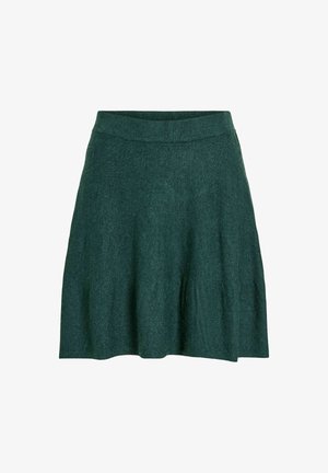 Žalias megztas sijonas su išplėstu liemeniu, plintantis nuo liemens. Lygi tekstūra ir vidutinio ilgio, be matomų raštų ar akcentų.