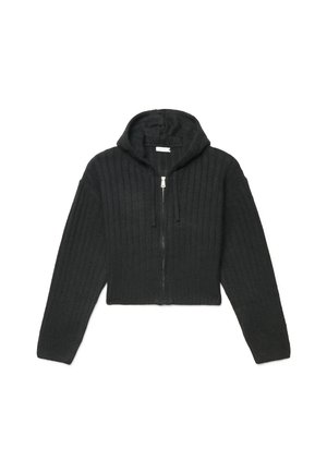 Felpa nera a coste con zip, maniche lunghe e cappuccio con coulisse, distesa su sfondo bianco.