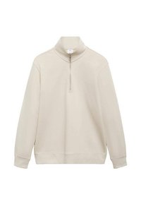 Pulover din fleece bej deschis, cu guler cu fermoar pe jumătate, mâneci lungi și tiv elastic. Textură netedă, fără modele sau accesorii proeminente.