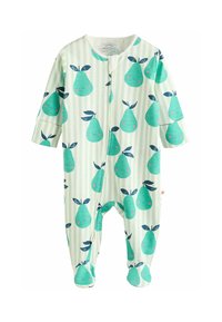 Roheline ja valge triibuline beebivoodi, millel on naeratavate nägudega pirni muster, pehmest kangast, jalatallaga disain ja nööpide sulgemine.