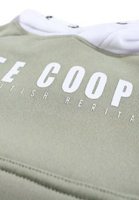 Sweat à capuche vert clair avec cordons blancs, affichant un grand texte blanc "THE COOP" et un texte plus petit "BRITISH HERITAGE" en dessous.