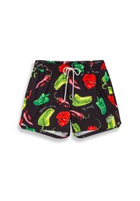 Zwarte zwembroek met een levendig patroon van rode en groene chilipepers, verstelbaar wit trekkoord en een soepele textuur.