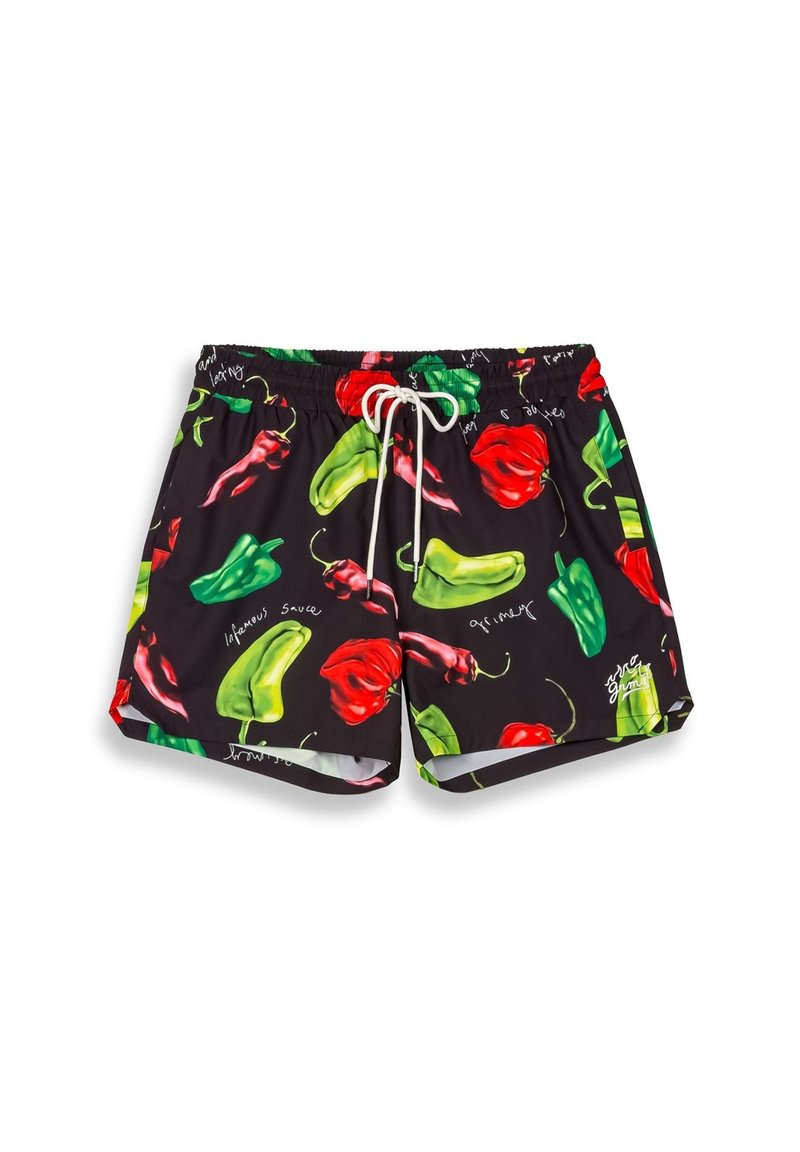 Zwarte zwembroek met een levendig patroon van rode en groene chilipepers, verstelbaar wit trekkoord en een soepele textuur.