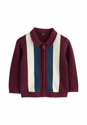 Bordeauxroter Strick-Zipper-Pullover mit umgeschlagenem Kragen und vertikalen weißen und dunkelblauen Streifen vorne.