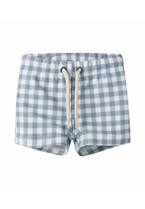 Jasnoniebieskie i białe kąpielówki w kratę z regulowanym sznurkiem w pasie i elastycznym dopasowaniem, przeznaczone dla dzieci.