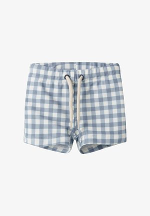 Lys blå og hvite rutete badetøyshorts med snor i midjen og elastisk passform, designet for barn.