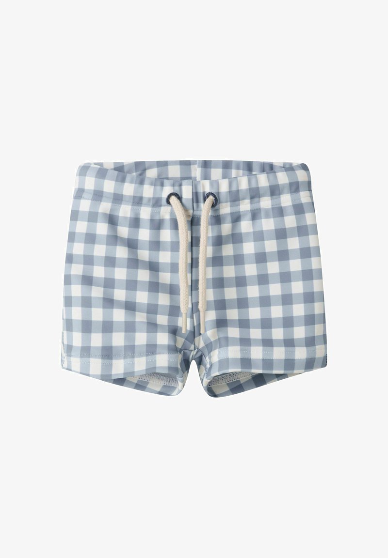 Maillots de bain pour enfants, à carreaux bleu clair et blanc, avec une taille élastique et un cordon de serrage.