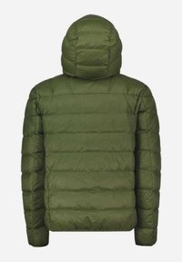 Giacca a vento verde oliva con cappuccio, caratterizzata da un design trapuntato e una texture liscia. La vista posteriore mostra le cuciture uniformi e la vestibilità aderente.