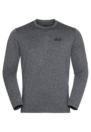Męska koszulka z długim rękawem, ciemnoszara melanżowa, z okrągłym dekoltem i małym czarnym logo "Jack Wolfskin" na lewej piersi.