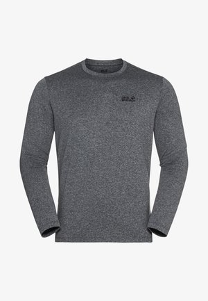 Heren langarm shirt, donkergrijs gemêleerd met ronde hals en klein zwart "Jack Wolfskin" logo op de linkerborst.
