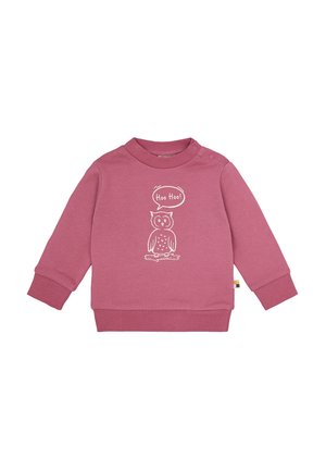 Rosa Baumwoll-Sweatshirt mit langen Ärmeln, einem Rundhalsausschnitt mit Druckknöpfen und einer Eule-Grafik mit dem Text "Hoo Hoo!" auf der Vorderseite.