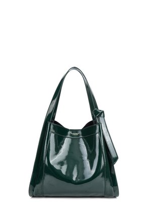 Donkergroene glanzende leren tote bag met dubbele handvatten en een voorzijde met het logo "DIANA&CO FIRENZE."