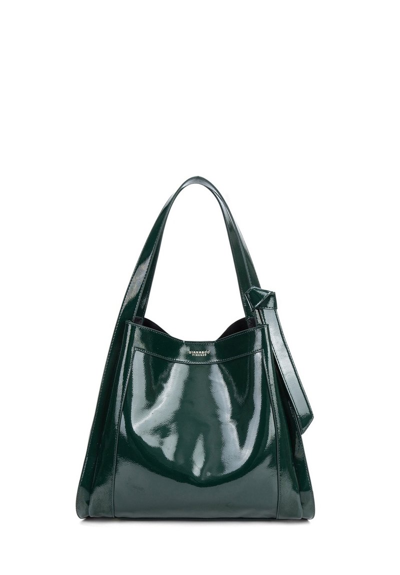 Borsa tote in pelle lucida verde scuro con doppio manico e logo frontale che recita "DIANA&CO FIRENZE."