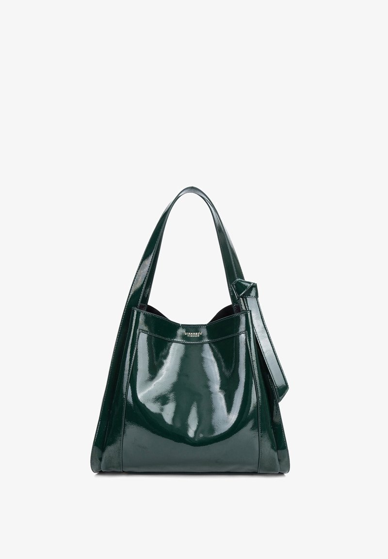 Donkergroene glanzende leren tote bag met dubbele handvatten en een voorzijde met het logo "DIANA&CO FIRENZE."