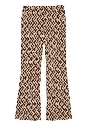 Pantaloni svasati marroni e crema con un design geometrico, caratterizzati da un tessuto morbido e una cintura elastica.