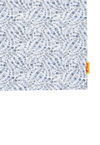 Tejido de algodón con un patrón floral que presenta flores azules y amarillas sobre un fondo blanco, con una pequeña etiqueta amarilla en el lateral.
