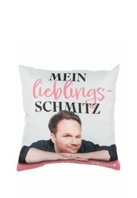Cuscino quadrato con una fodera in tessuto morbido. Presenta un design stampato con il testo "MEIN LIEBLINGS-SCHMITZ" in nero e rosa, con l'immagine di una persona.