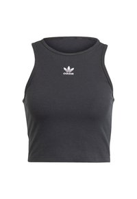 Tmavě šedý pletený crop top s kulatým výstřihem. Na hrudi se nachází bílé logo Adidas umístěné ve středu. Materiál vypadá elasticky a je přiléhavý.