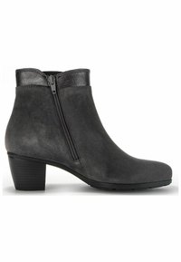 Bottine basse en daim gris foncé, avec une fermeture éclair latérale, des finitions en cuir noir en haut, et un petit talon bloc.