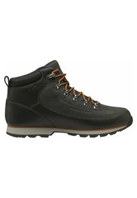 Botas de senderismo impermeables de cuero negro con cordones naranjas, ojales de metal y una suela resistente con una mediasuela de gris claro. Diseño de caña alta.