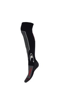 Zwarte knie hoge sok met grijze accenten, ventilatiepaneel en rood logo. Heeft verstevigde hiel en tenen voor duurzaamheid.