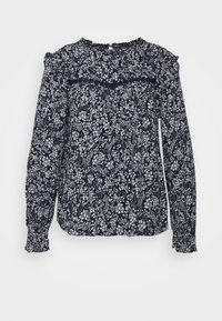 Blusa a maniche lunghe blu navy con stampa floreale bianca, caratterizzata da spalle arricciate e polsini raccolti, realizzata in tessuto leggero.