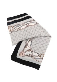 Foulard di seta con base grigia chiara, bordi neri e motivo a catena nelle tonalità beige e argento. Texture liscia con dettagli intricati.