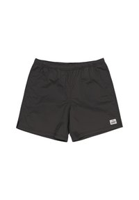 Black swim shorts made of lightweight material, featuring an elastic waistband and a small logo patch on the left leg.