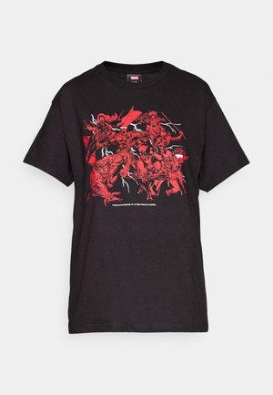 Black cotton t-shirt featuring a red graphic illustration of multiple characters on the front with a classic crew neck and short sleeves.