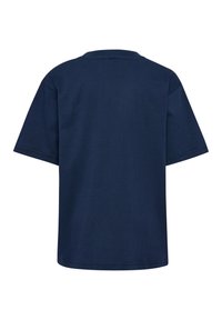 T-shirt bleu marine uni à manches courtes, montré de dos, avec un col rond et une coupe régulière.