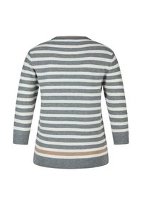 Gestreifter Pullover mit grauen und weißen horizontalen Streifen sowie einem beigen Akzent am Saum. Weiche Textur, lange Ärmel und runder Halsausschnitt.