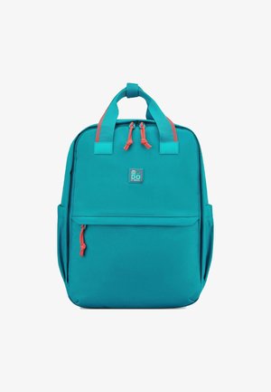 Zaino turchese con cerniere e manici color corallo, realizzato in tessuto resistente, dotato di una tasca frontale e spallacci imbottiti per il comfort.
