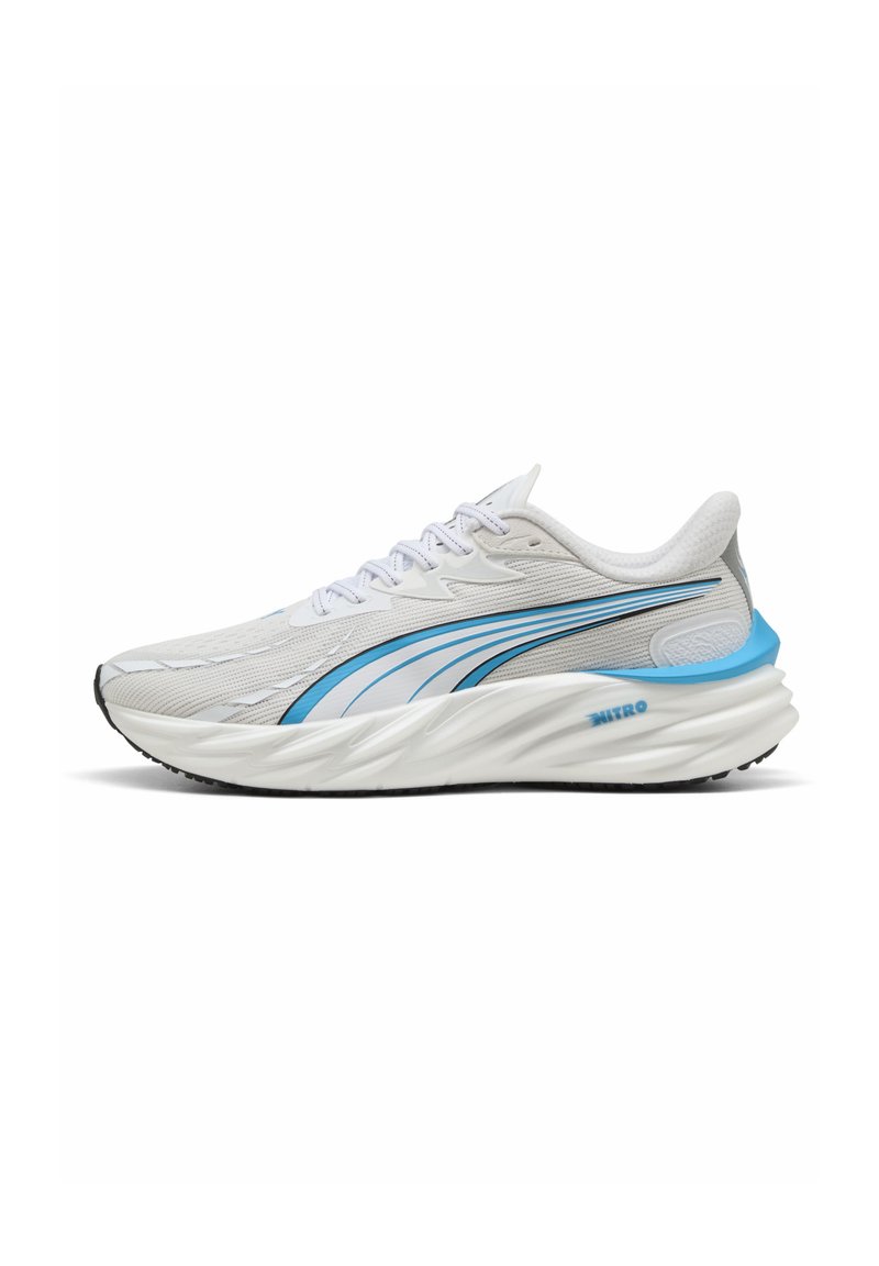 White running shoe with mesh upper, blue accents, and black sole. Features a textured design and cushioned midsole for support.