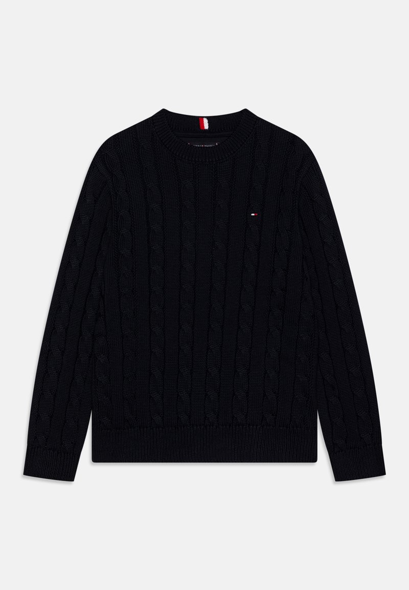 Maglione nero a maglia intrecciata con scollatura a girocollo, polsini e orlo a coste. Presenta un piccolo logo in rosso, bianco e blu sul petto.