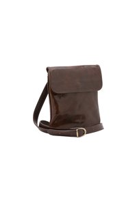 Borsa a tracolla in pelle marrone con chiusura a pattina, caratterizzata da una texture liscia, tracolla regolabile e un design minimalista.