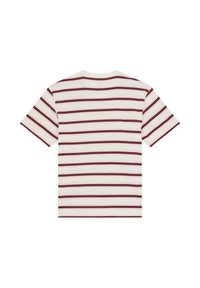 Short-sleeve t-shirt displays a back view with alternating maroon and white horizontal stripes on a light background.