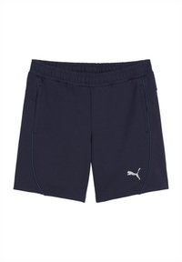 Pantaloni sportivi blu navy con elastico in vita, due tasche laterali, cuciture a contrasto argentate e un piccolo logo Puma bianco in basso a destra.