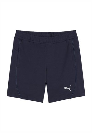 Pantaloni sportivi blu navy con elastico in vita, due tasche laterali, cuciture a contrasto argentate e un piccolo logo Puma bianco in basso a destra.