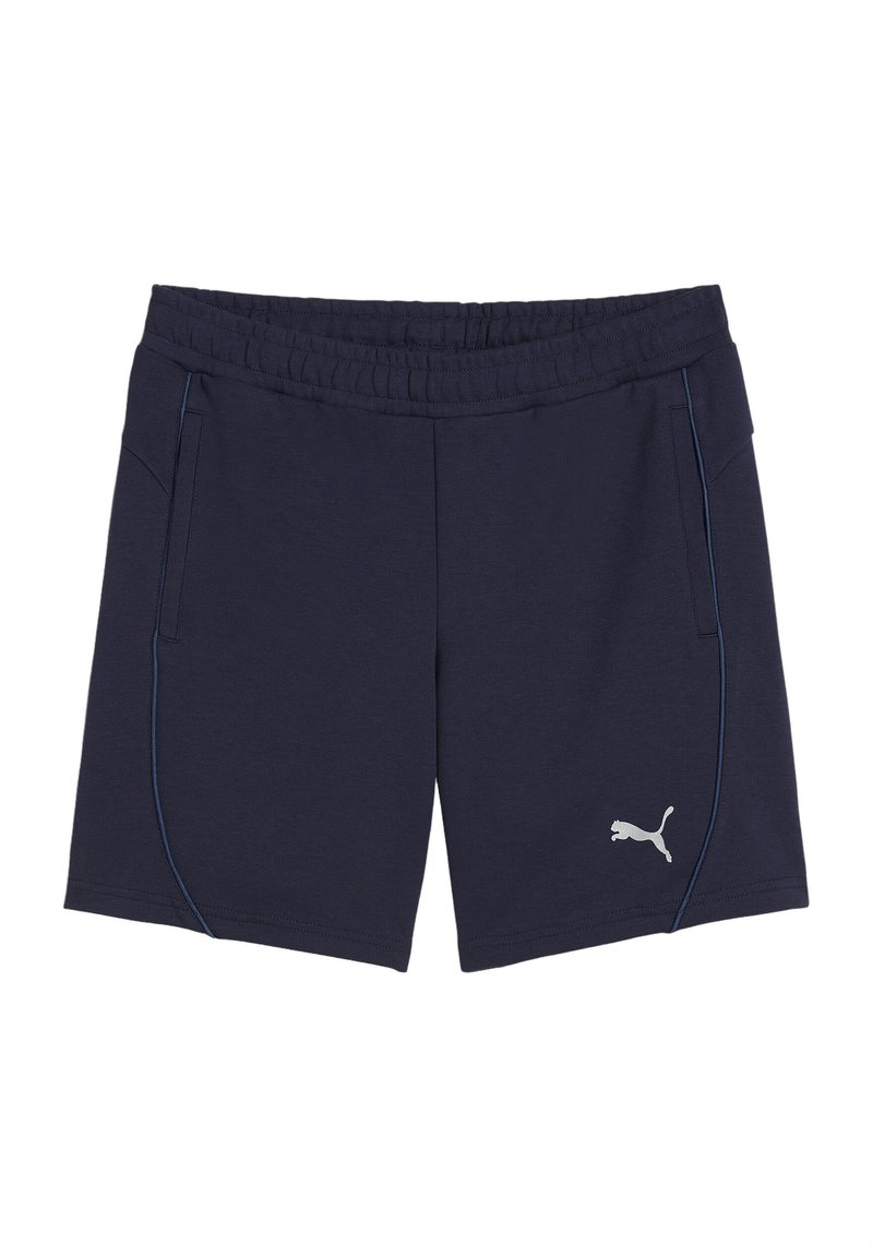 Pantaloni sportivi blu navy con elastico in vita, due tasche laterali, cuciture a contrasto argentate e un piccolo logo Puma bianco in basso a destra.