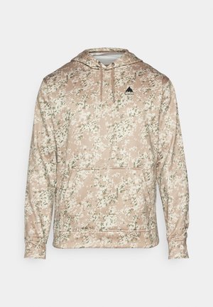 Peščana kapuca s sweatshirtom z vojaškim vzorcem v odtenkih zelene in bele barve. Vključuje sprednji žep in črn logotip na prsih.