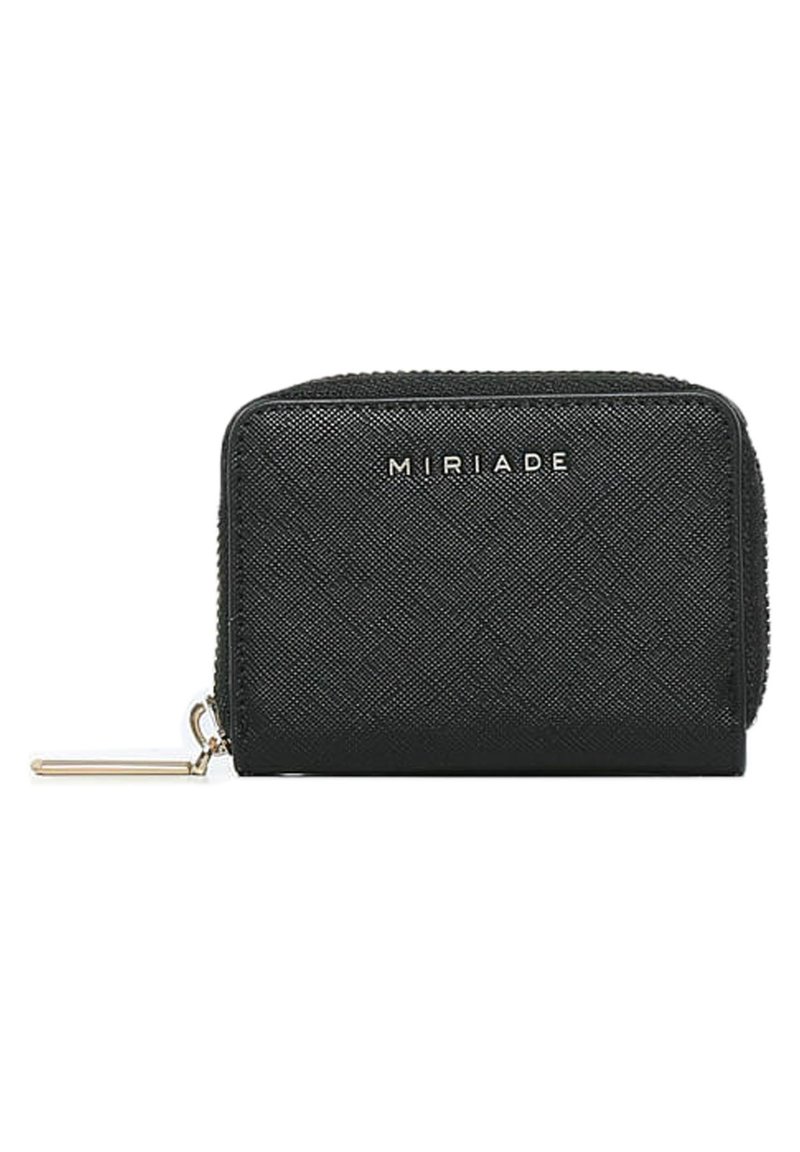Portafoglio nero con zip realizzato in materiale testurizzato, caratterizzato da una linguetta in metallo e il logo stampato "MIRIADA" sul frontale.