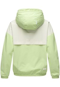 Veste à capuche vert clair et crème avec des poignets et un ourlet élastiques, présentant un design color-block et une texture lisse. Vue de dos présentée.