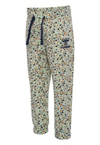 Fleece sweatpants met een mintgroene basis, met een multicolor stippenpatroon. Elastische tailleband met marineblauwe koord en branding.