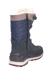 Donkerblauwe winterlaars met een gestructureerd oppervlak, faux bontvoering, een zijrits en accentdetails in grijs en bruin. Rubberen zool voor grip.