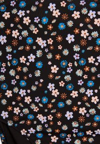 Floral fabric featuring small, multi-colored flowers in shades of pink, blue, and brown on a black background, with varied textures and patterns.