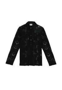 Chemisier en dentelle noire à manches longues, avec un col, fermeture à boutons sur le devant, texture transparente, motif floral et sans matériel visible.