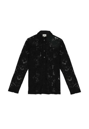 Chemisier en dentelle noire à manches longues, avec un col, fermeture à boutons sur le devant, texture transparente, motif floral et sans matériel visible.