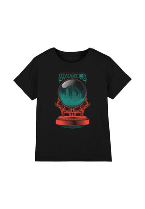 Black t-shirt with a teal and red design of a crystal ball, two red deer, Hogwarts crest, and text about divination and magical arts.