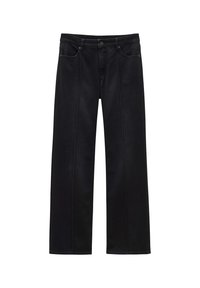 Pantalons en denim noir avec une coupe large, dotés de poches avant, d'une fermeture à bouton et de surpiqûres contrastées le long des coutures.