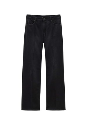 Zwarte denimbroeken met een wijd uitlopende pasvorm, voorzien van voorzakken, een knoopsluiting en contrasterende stiksels langs de naden.
